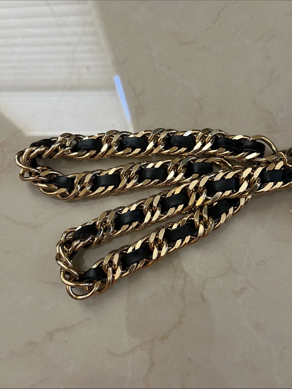 Vintage Gold Chain Belt with Black Leather Weave